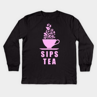 Sips Tea Pink Girly Floral Cup Gossips Queen Popular Meme Kids Long Sleeve T-Shirt